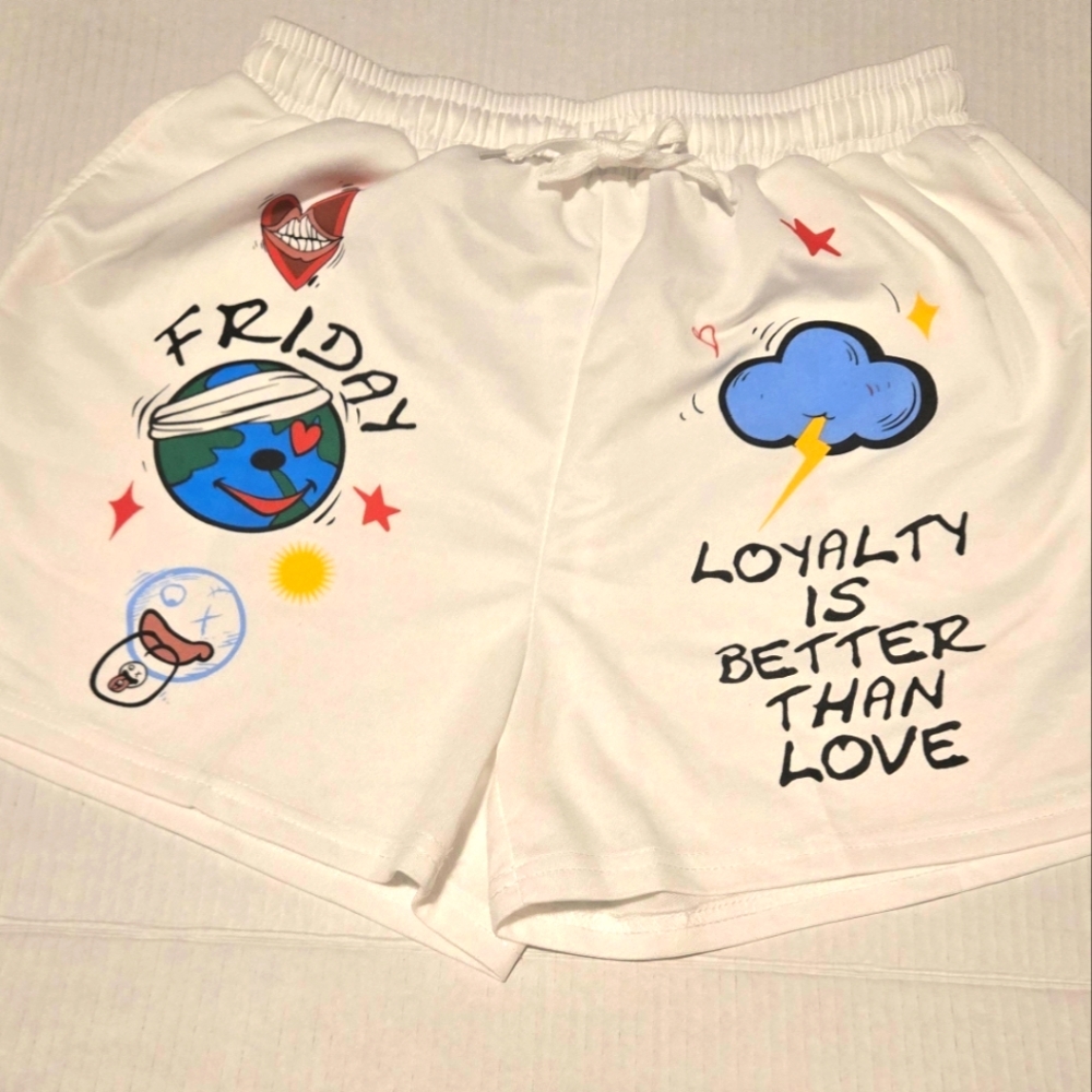 White Graphic Print Shorts with Pockets